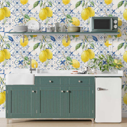 Tile and Lemon Flowers Wallpaper, Floral Wallpaper, Romantic Wall Mural, Peel and Stick Orchard Wallpaper, illustration Drawing Wallpaper