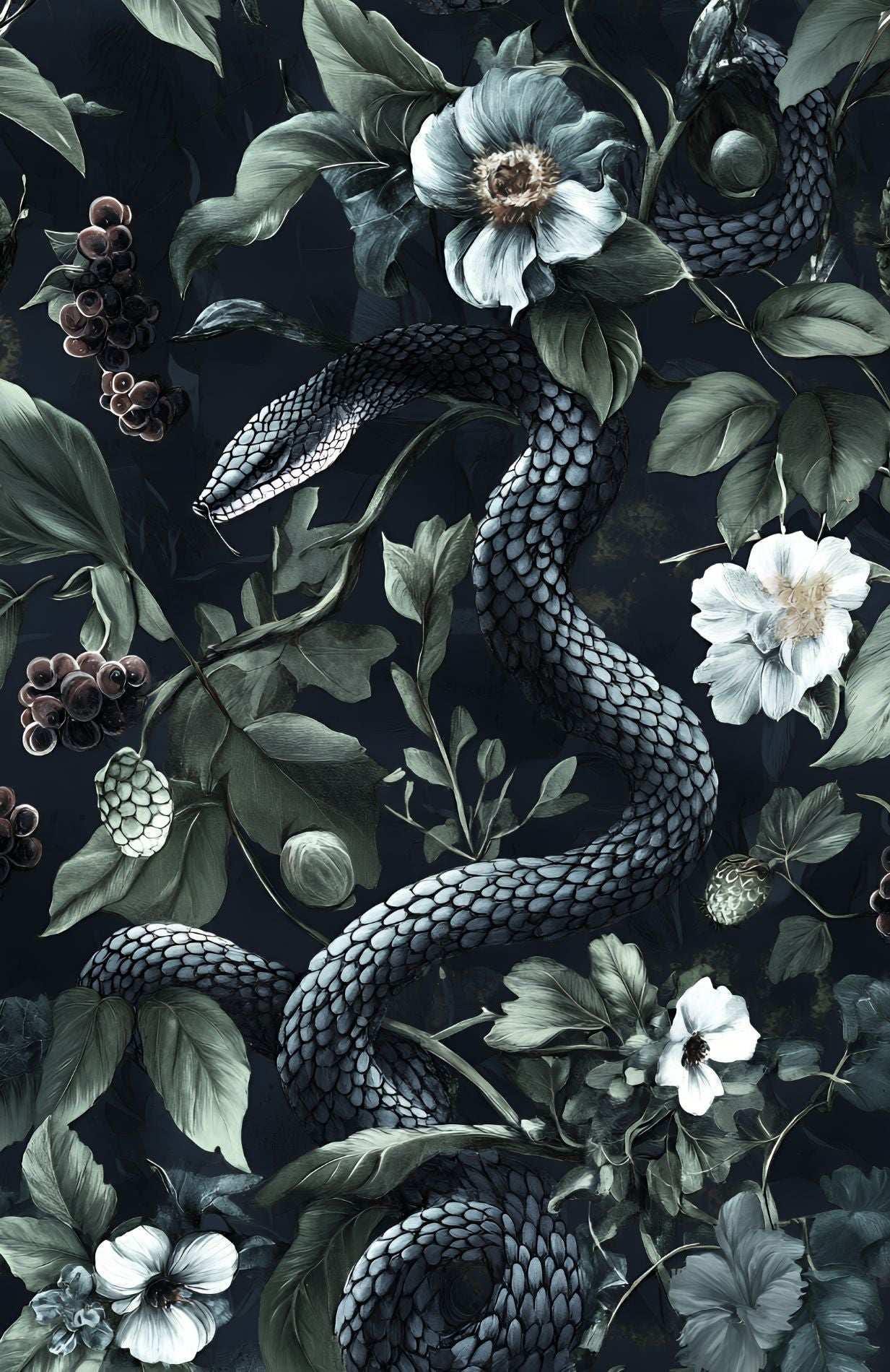 Dark Botanical wallpaper Secret Garden at Night, Snakes and Flowers, Exotic Plants, Black background Wallpaper, Leather Look Wallpaper