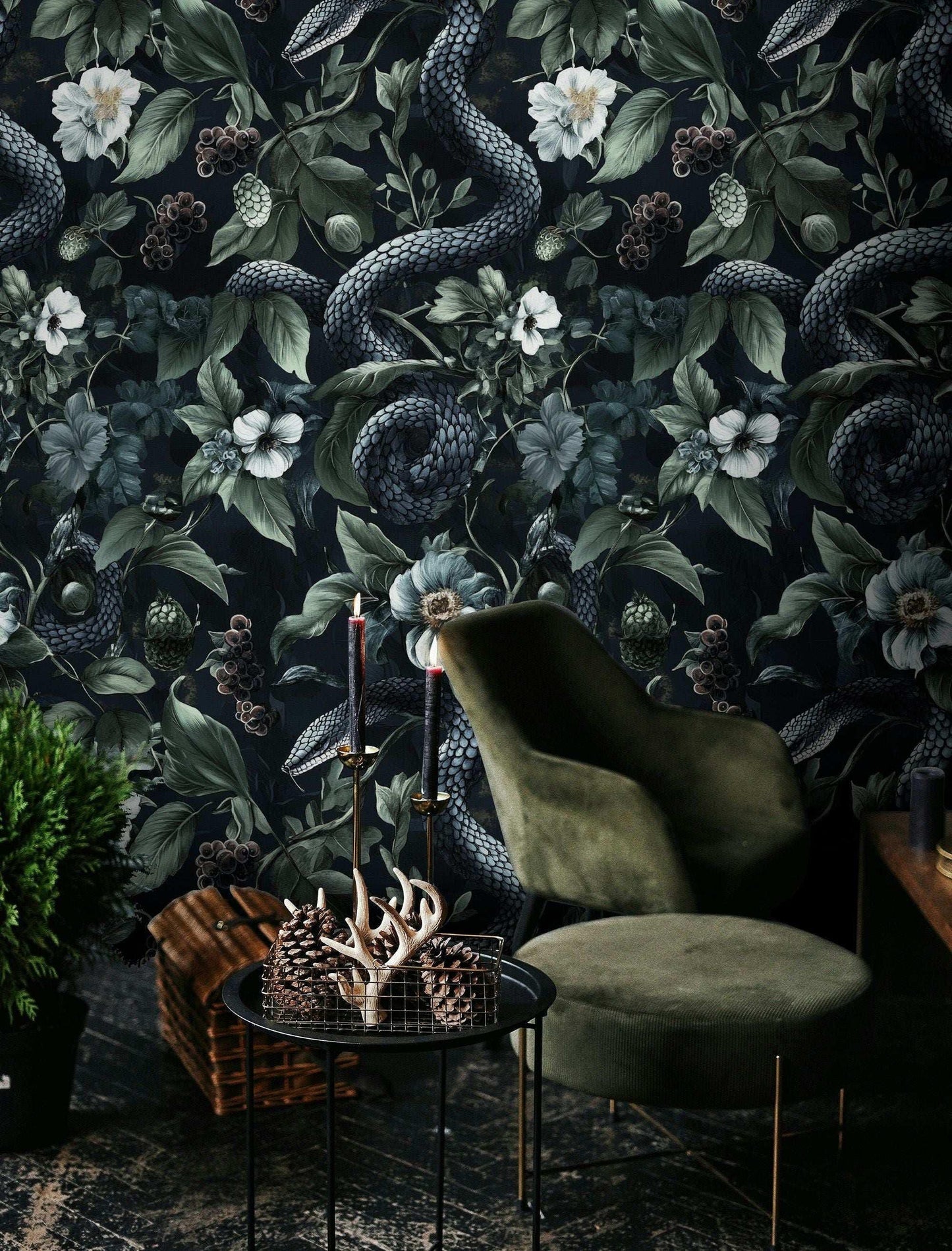 Dark Botanical wallpaper Secret Garden at Night, Snakes and Flowers, Exotic Plants, Black background Wallpaper, Leather Look Wallpaper
