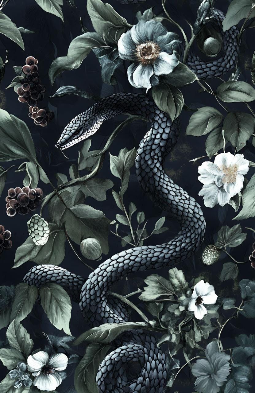Dark Botanical wallpaper Secret Garden at Night, Snakes and Flowers, Exotic Plants, Black background Wallpaper, Leather Look Wallpaper