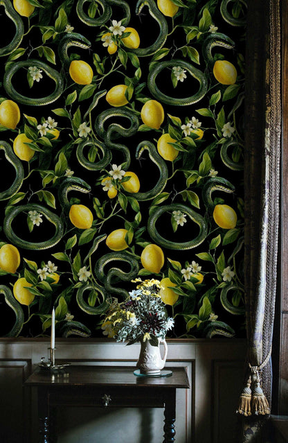 Exotic Lemon Garden and Snakes Pattern Wallpaper, Mystic Dark Botanical Nature Wallpaper, Floral Wallpaper, Orchard Wallpaper