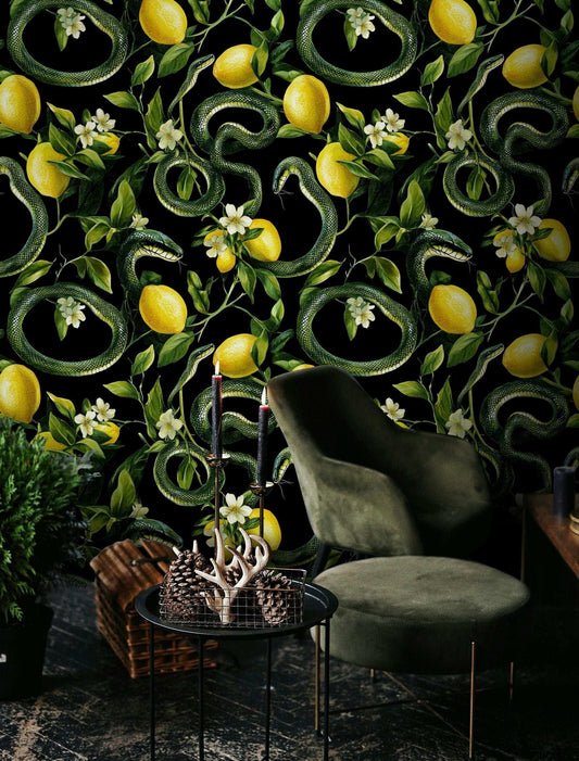 Exotic Lemon Garden and Snakes Pattern Wallpaper, Mystic Dark Botanical Nature Wallpaper, Floral Wallpaper, Orchard Wallpaper