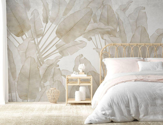 Tropical Banana Leaf Wallpaper, Beige Wallpaper, Peel and Stick Wallpaper, Stylish Room Design, Cool Wall Design, Bright Wall Mural