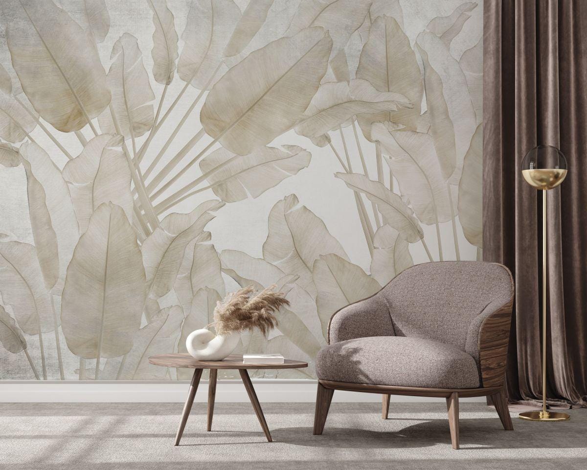 Tropical Banana Leaf Wallpaper, Beige Wallpaper, Peel and Stick Wallpaper, Stylish Room Design, Cool Wall Design, Bright Wall Mural