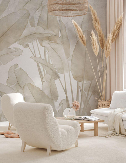 Tropical Banana Leaf Wallpaper, Beige Wallpaper, Peel and Stick Wallpaper, Stylish Room Design, Cool Wall Design, Bright Wall Mural