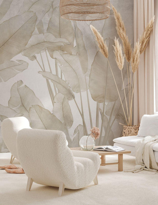 Tropical Banana Leaf Wallpaper, Beige Wallpaper, Peel and Stick Wallpaper, Stylish Room Design, Cool Wall Design, Bright Wall Mural