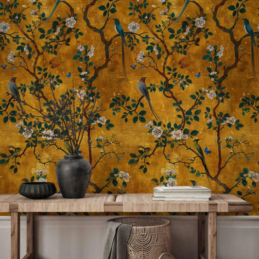 Gold Botanical Bird Wallpaper, Vintage Floral Pattern with Birds, Butterflies and Branches Gold Color Wall Poster, Romantic Drawing Mural