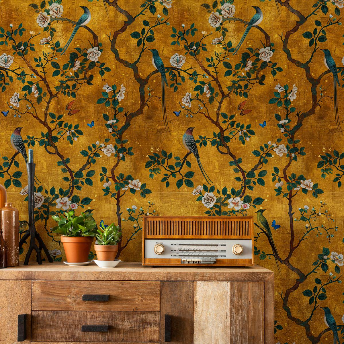 Gold Botanical Bird Wallpaper – Vintage Floral Mural with Butterflies
