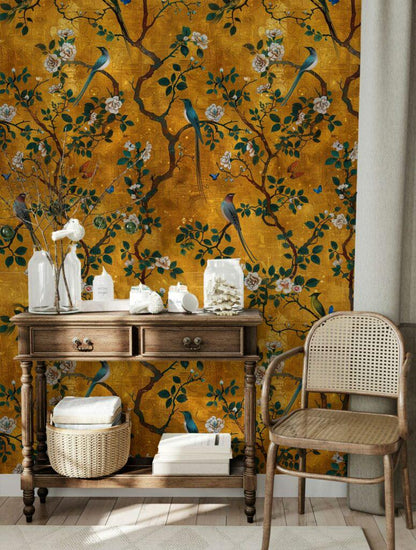 Gold Botanical Bird Wallpaper – Vintage Floral Mural with Butterflies