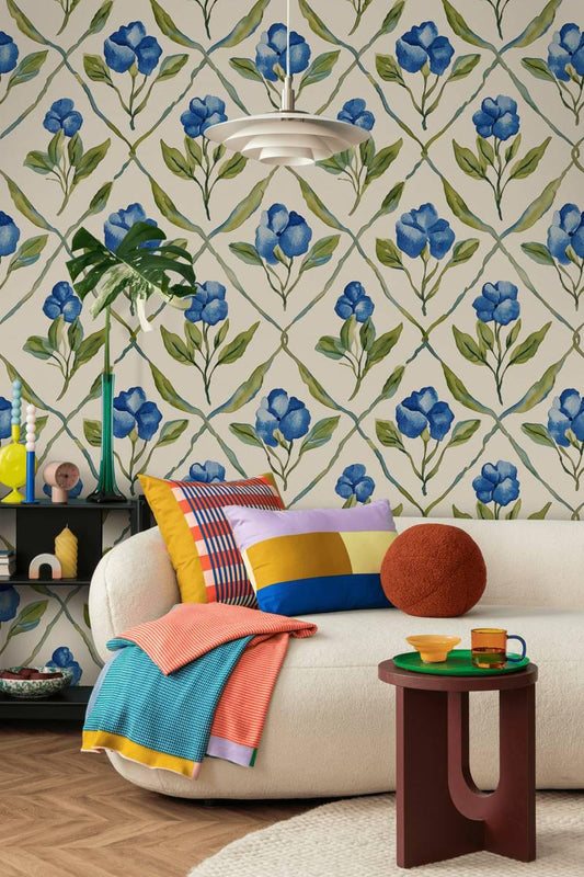 Blue Flower Garden Wallpaper, Vintage Floral Pattern with Watercolor Wall Mural, Romantic Drawing Mural, Colorful Wallpaper, Elegant Mural