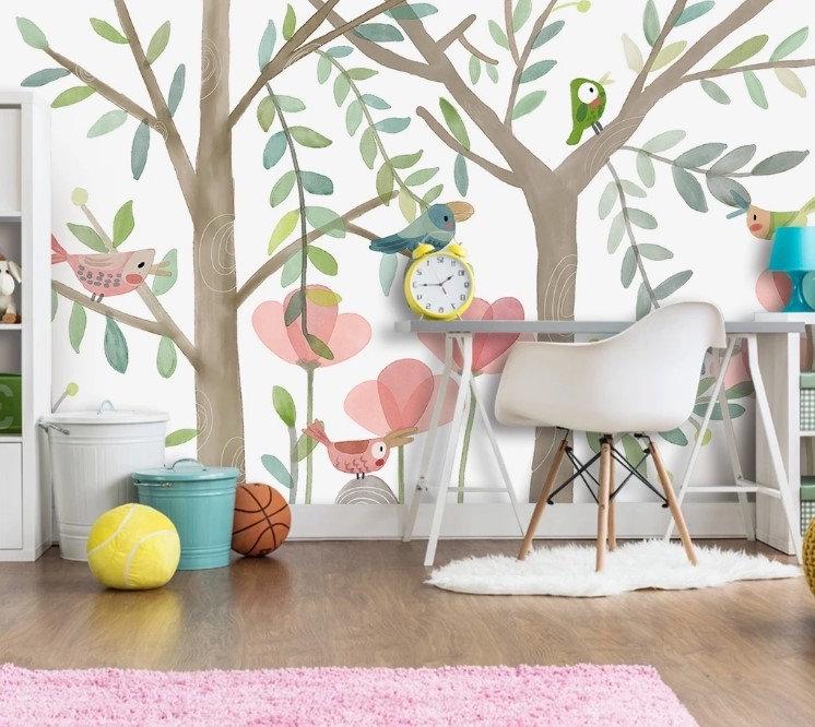 Birds And Trees Wallpaper, illustration Wallpaper Nursery, Peel and Stick Wallpaper, Watercolor Child Wallpaper, Colorful Wallpaper for Kids