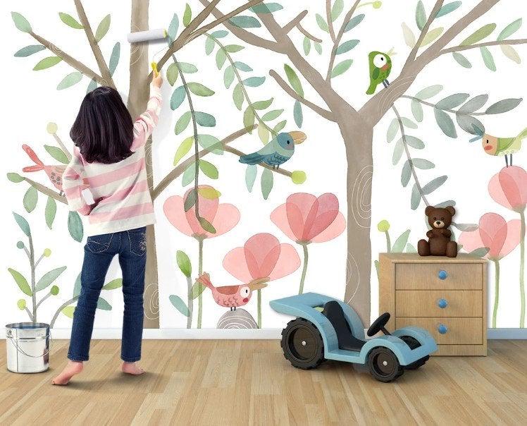 Birds And Trees Wallpaper, illustration Wallpaper Nursery, Peel and Stick Wallpaper, Watercolor Child Wallpaper, Colorful Wallpaper for Kids