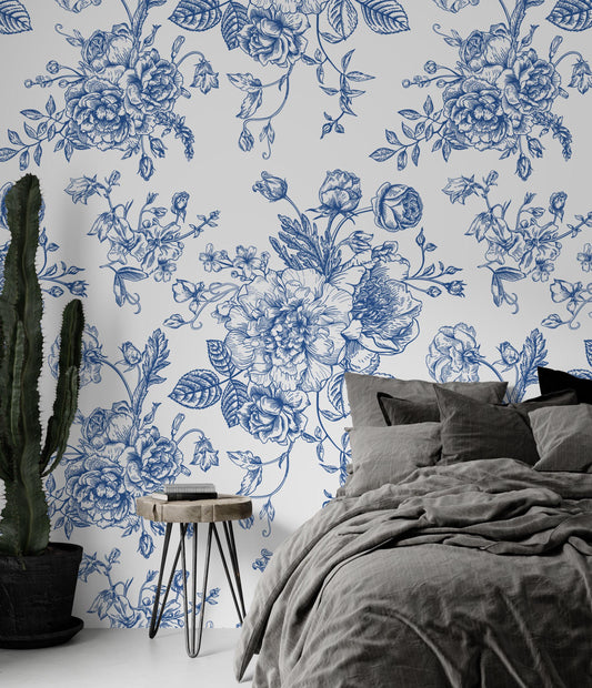 Blue and White Pine Cypress Flower Wallpaper, Vintage Floral Pattern with Watercolor Mural, Romantic Drawing Mural, Bleu Blanc Wallpaper