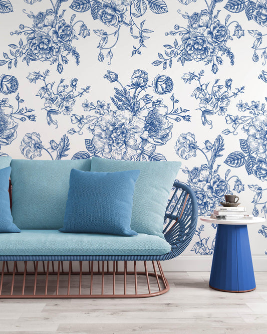 Blue and White Pine Cypress Flower Wallpaper, Vintage Floral Pattern with Watercolor Mural, Romantic Drawing Mural, Bleu Blanc Wallpaper