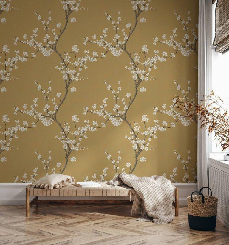 Mustard Yellow Chinese Floral Wallpaper - Vintage Botanical Wall Mural