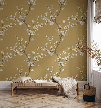 Mustard Yellow Chinese Floral Wallpaper - Vintage Botanical Wall Mural