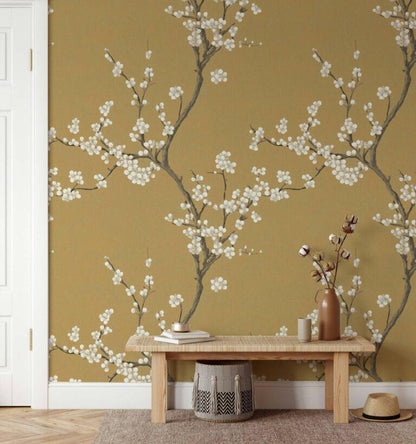 Mustard Yellow Chinese Floral Wallpaper - Vintage Botanical Wall Mural