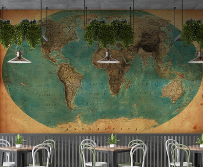 Antique World Map Wallpaper in Turquoise Shades, Ancient Bohemian Wallpaper, Peel and Stick Historical Wallpaper, Drawwing Map Wallpaper