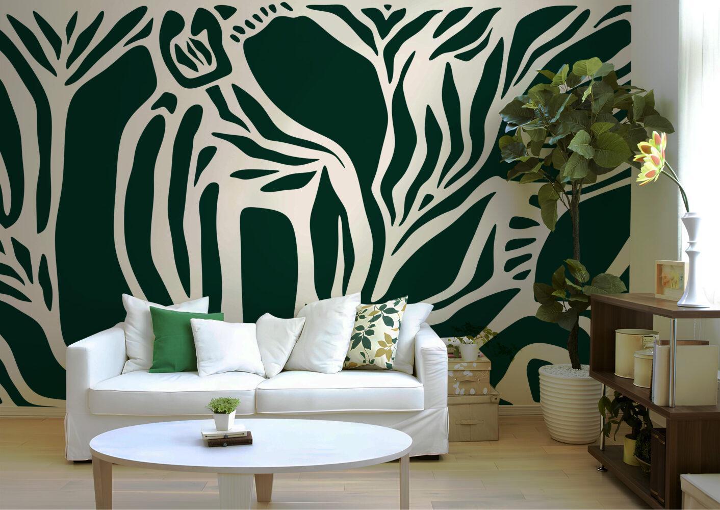 Abstract Shapes Wallpaper in Green Tone , Dynamic Color's and Shaped Wallpaper, Special Design Asymmetrical patterned Bathroom Wallpaper