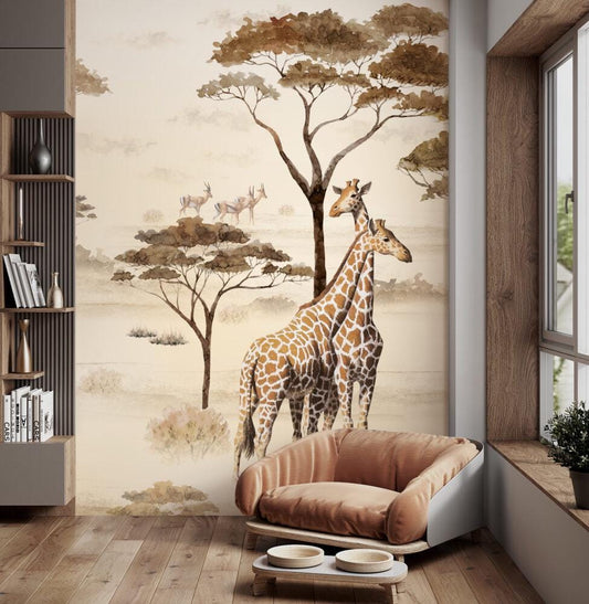 Safari Animals Wallpaper in Africa, Exotic Jungle Wallpaper, Brown Wall Mural, Peel and Stick Wallpaper, Safari Drawing Wallpaper