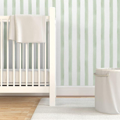 Child Room Green Striped Wallpaper, Watercolor Kid Mural, Watercolor brush Wallpaper Nursery, School  Wallpaper, Green Baby Room Wallpaper