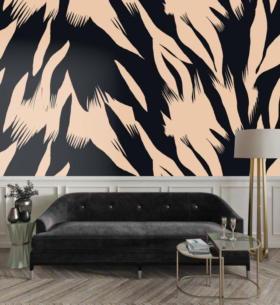 Black Beige Abstract Brush Pattern Wallpaper, Peel and Stick Wallpaper, Stylish Room Design, Black Wallpaper, Modern Artistic Wallpaper