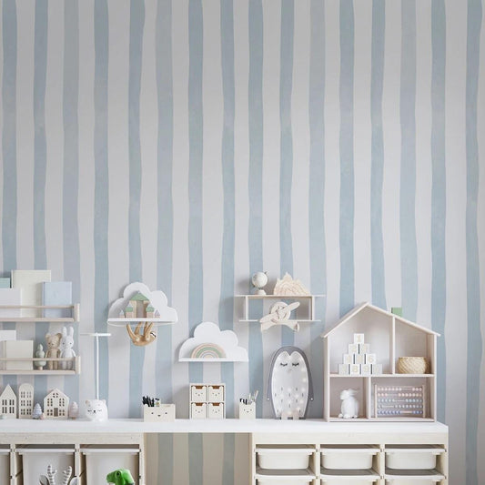 Child Room Blue Striped Wallpaper, Watercolor Kid Mural, Watercolor brush Wallpaper Nursery, School  Wallpaper, Blue Baby Room Wallpaper
