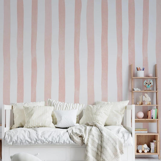 Child Room Salmon Pink Striped Wallpaper, Watercolor Kid Mural, Watercolor brush Wallpaper Nursery, School  Wallpaper, Pink Baby Wallpaper