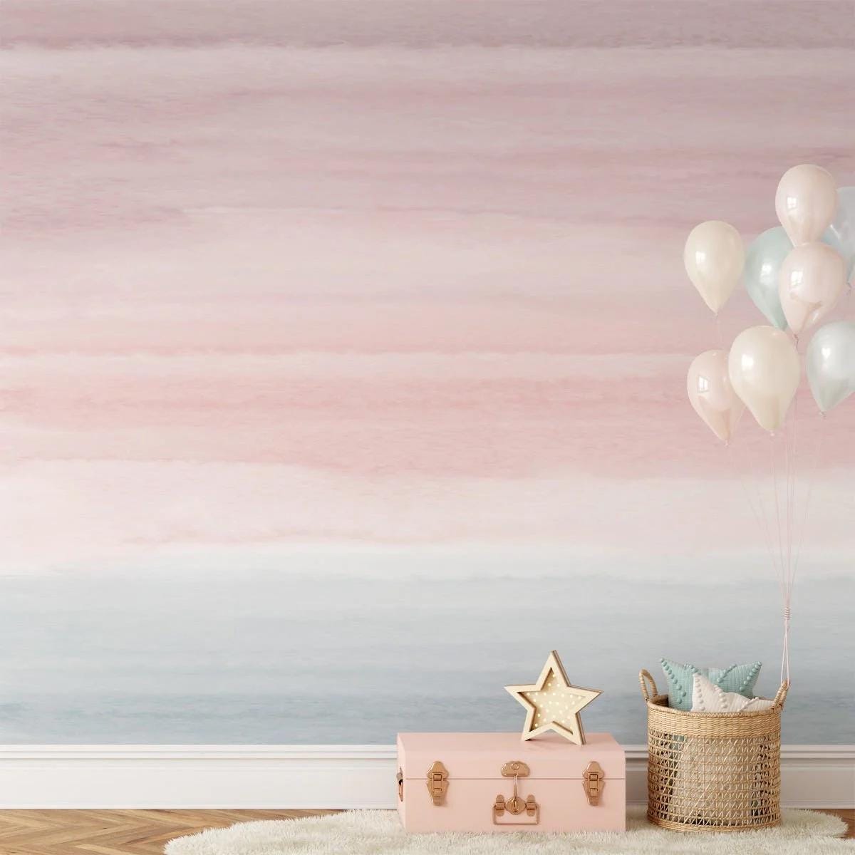 Watercolor Transitions Pink Wallpaper, Baby Girl Wallpaper, Sky Wall Poster, Pink Cloud Background Baby Room Wallpaper, Wallpaper Nursery