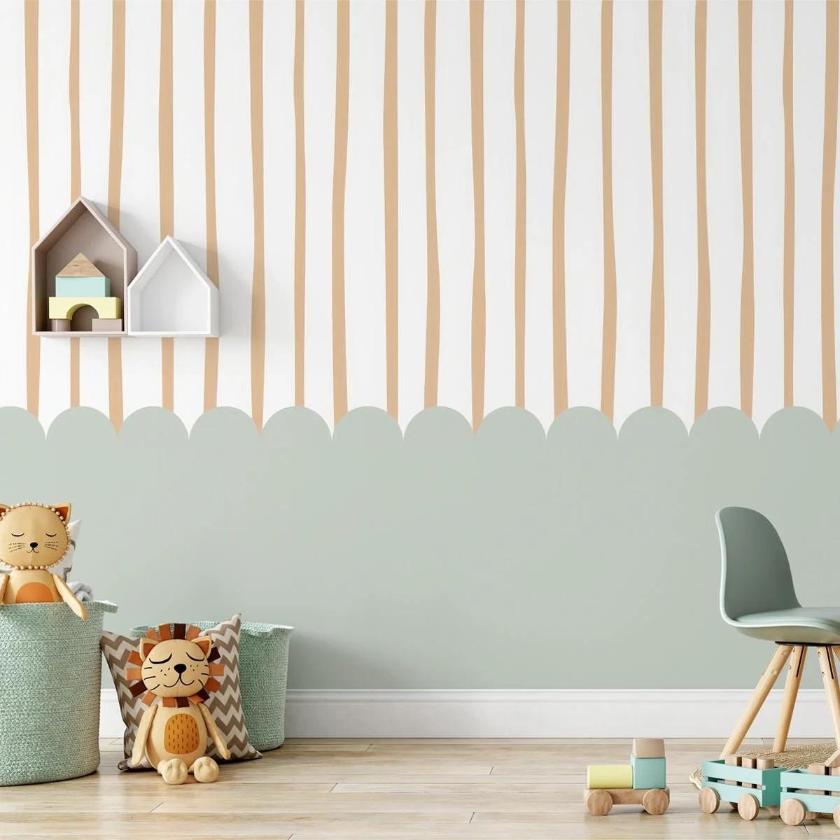 Ruffles and Stripes Green Wallpaper, Watercolor Kid Mural, Watercolor brush Wallpaper Nursery, School  Wallpaper, Green Baby Room Wallpaper