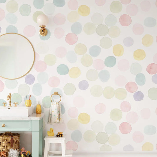 Colourful Polka Dot Wallpaper, Watercolor Wallpaper Nursery, Baby Room Wallpaper, School Wallpaper, Fun Kid Wallpaper, Kids Bath Mural