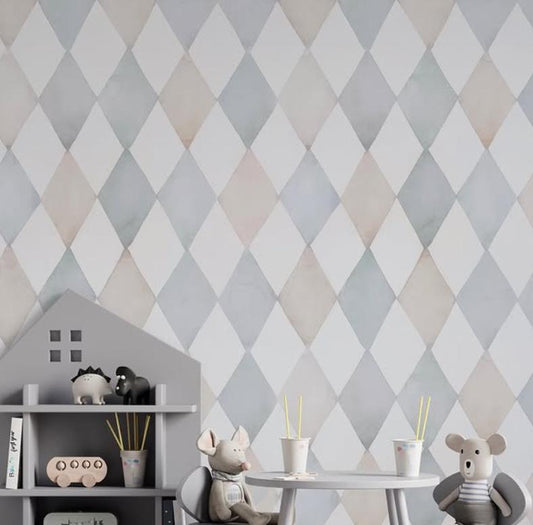Harlequin Pattern Kidsroom Wallpaper, Watercolor Mural Nursery, Pink and Blue Baby Wallpaper, School Wallpaper, Diamond Baby Room Wallpaper