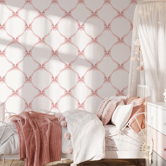 Pink Bow Baby Girl Wallpaper, Watercolor Ribbon Wallpaper Nursery, Pink Baby Girl Wallpaper, School Wallpaper, Pink Baby Room Wallpaper