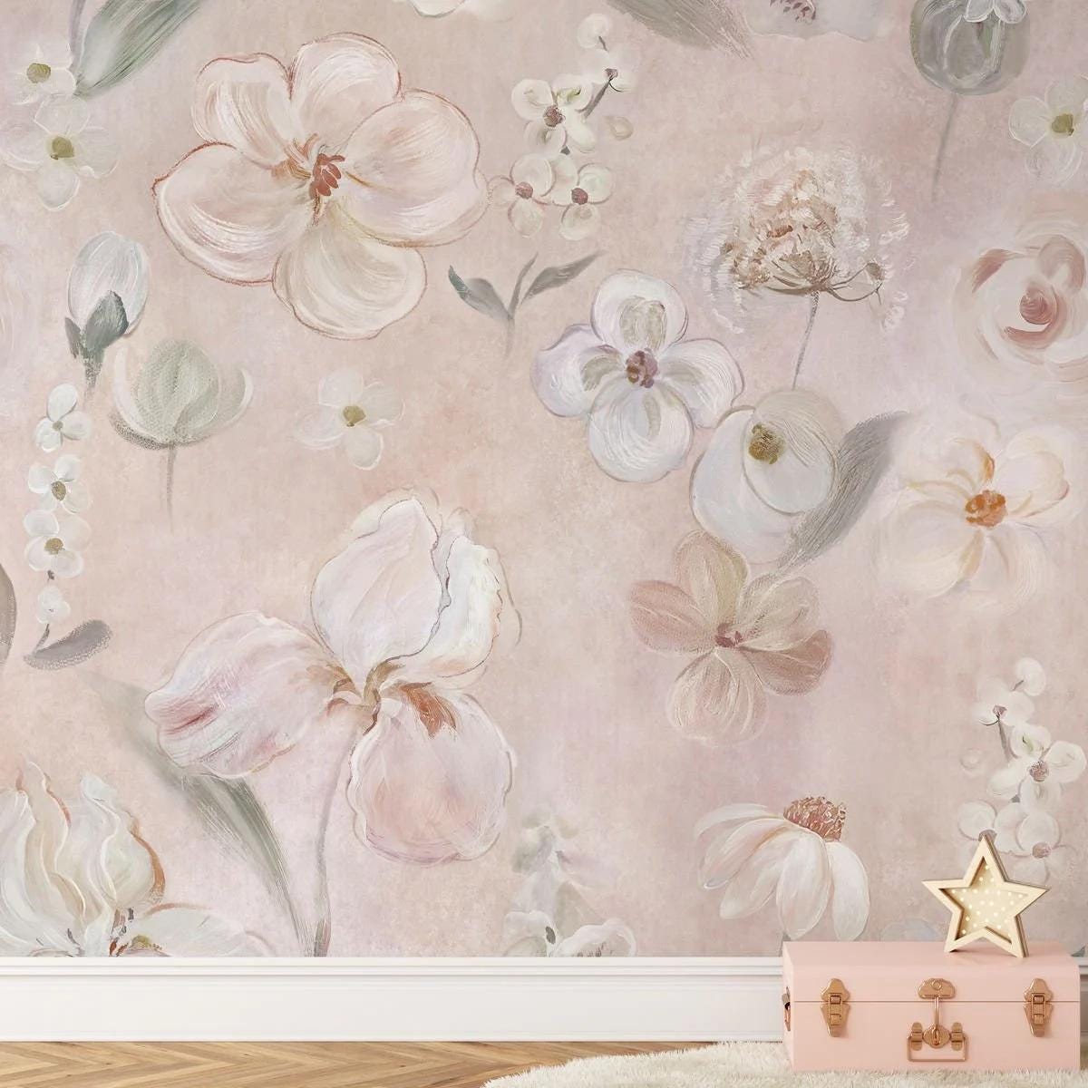 Watercolor Large Flowers Girl Wallpaper, Flower Garden Baby Girl Wallpaper, Art Wallpaper Nursery, Watercolor Wallpaper, Flowers Wallpaper