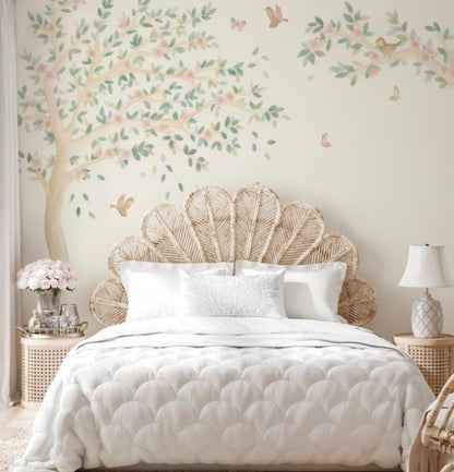 Spring Tree with Pink Flowers and Birds Baby Girl Wallpaper, Wallpaper Nursery, Soft Pink Baby Mural, Watercolor Nature Kids Wallpaper