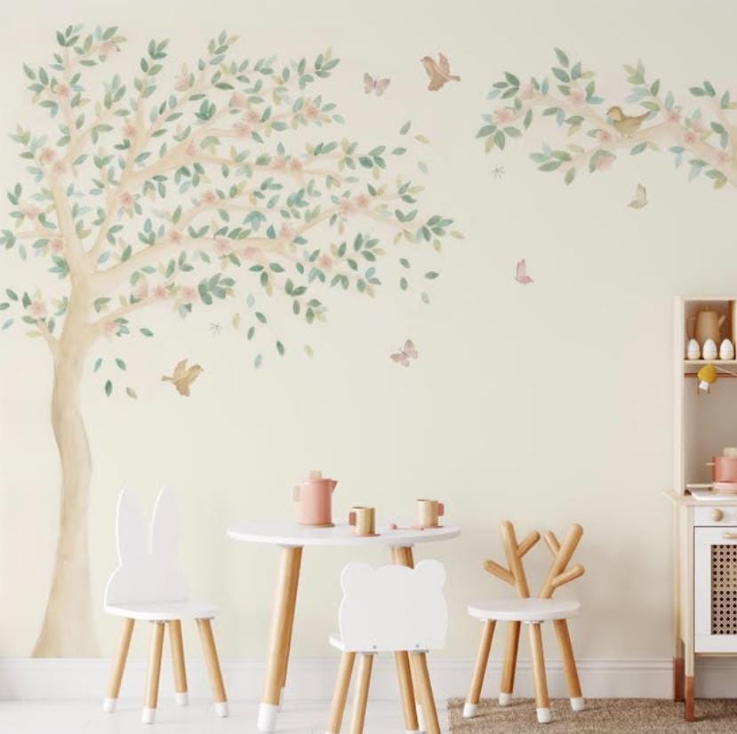 Spring Tree with Pink Flowers and Birds Baby Girl Wallpaper, Wallpaper Nursery, Soft Pink Baby Mural, Watercolor Nature Kids Wallpaper