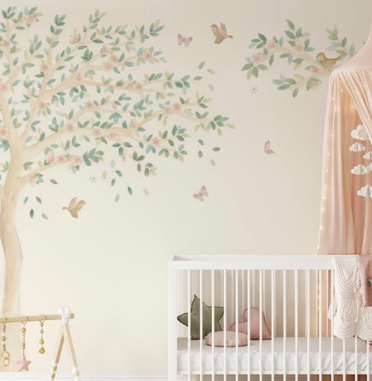 Spring Tree with Pink Flowers and Birds Baby Girl Wallpaper, Wallpaper Nursery, Soft Pink Baby Mural, Watercolor Nature Kids Wallpaper