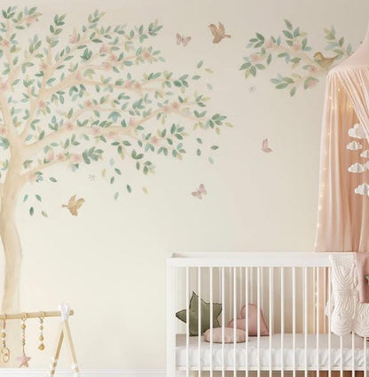 Spring Tree with Pink Flowers and Birds Baby Girl Wallpaper, Wallpaper Nursery, Soft Pink Baby Mural, Watercolor Nature Kids Wallpaper
