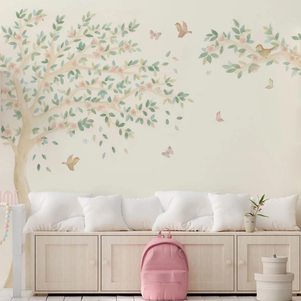 Spring Tree with Pink Flowers and Birds Baby Girl Wallpaper, Wallpaper Nursery, Soft Pink Baby Mural, Watercolor Nature Kids Wallpaper