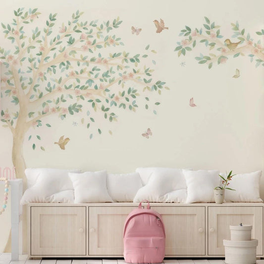 Spring Tree with Pink Flowers and Birds Baby Girl Wallpaper, Wallpaper Nursery, Soft Pink Baby Mural, Watercolor Nature Kids Wallpaper