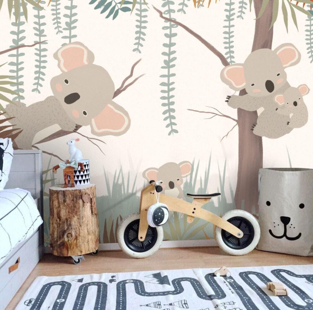 3D Wallpaper with Koala Hugging Tree Pattern, Cute Animal Wallpaper Nursery , Nature Childrens Wallpaper , Peel and Stick Baby Wallpaper