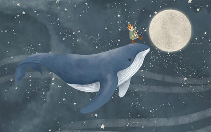 Child on Whale Patterned 3D Wallpaper, Underwater Wallpaper For Kidsroom, Sea Wallpaper Nursery, Blue Peel and Stick Childrens Wallpaper