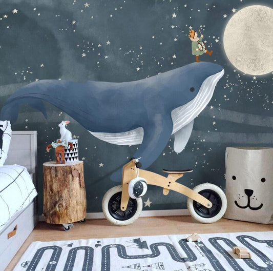 Child on Whale Patterned 3D Wallpaper, Underwater Wallpaper For Kidsroom, Sea Wallpaper Nursery, Blue Peel and Stick Childrens Wallpaper