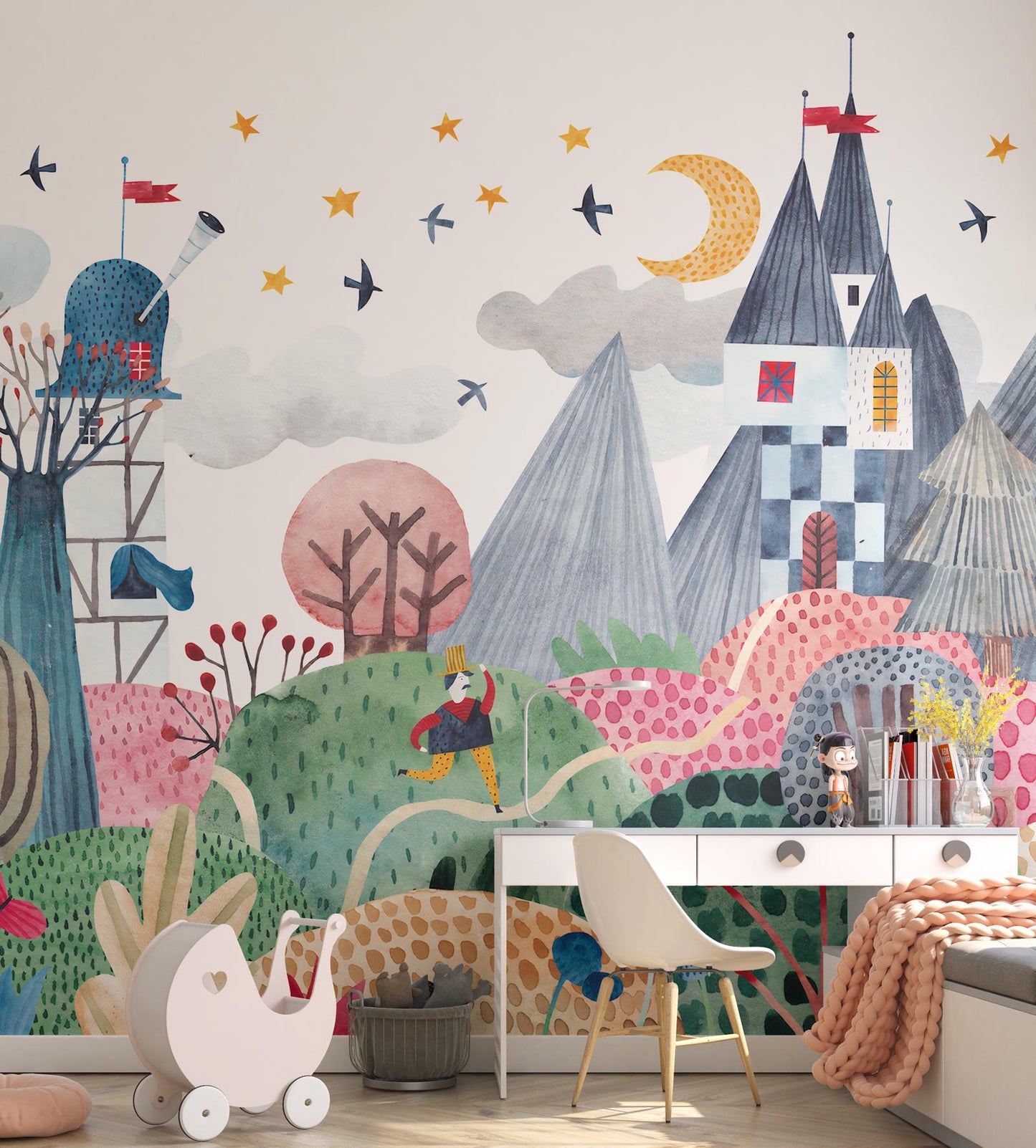 3D Castle-Looking Colorful Wallpaper for Kidsroom, İllustration Wallpaper Nursery , Children's Tale Wallpaper , Fun Baby Wallpaper