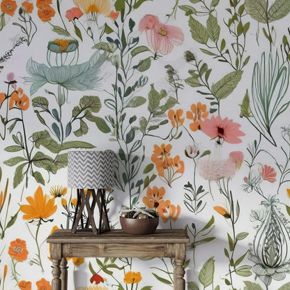 Wild Flowers and Leaves Wallpaper, Floral Wallpaper, Colourful Romantic Mural, Peel and Stick Wallpaper, Spring Themed Drawing Wallpaper