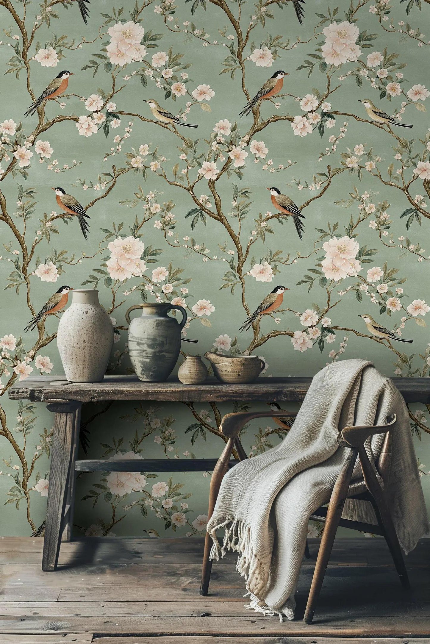 Elegance of Nature Hand-Drawn Green Background Wallpaper with Birds and Flowers, Vintage Floral Pattern Wallpaper, Romantic Drawing Mural