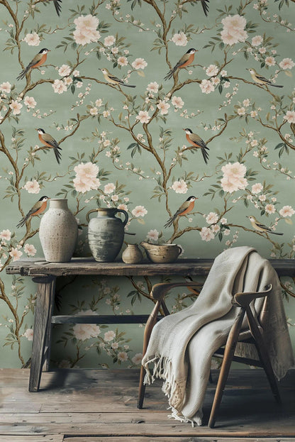 Elegance of Nature Hand-Drawn Green Background Wallpaper with Birds and Flowers, Vintage Floral Pattern Wallpaper, Romantic Drawing Mural