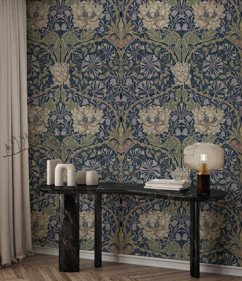 William Morris Indigo Wallpaper, Vintage Nature Wallpaper, Romantic Wall Mural, Peel and Stick Wallpaper, Drawing Art Wallpaper
