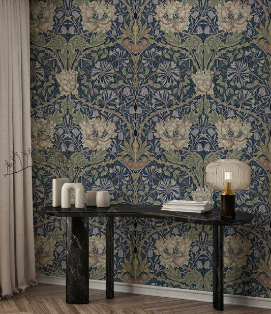 William Morris Indigo Wallpaper, Vintage Nature Wallpaper, Romantic Wall Mural, Peel and Stick Wallpaper, Drawing Art Wallpaper