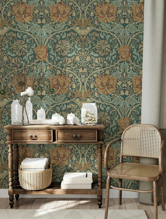William Morris Green Turquoise Wallpaper, Vintage Nature Wallpaper, Romantic Wall Mural, Peel and Stick Wallpaper, Drawing Art Wallpaper